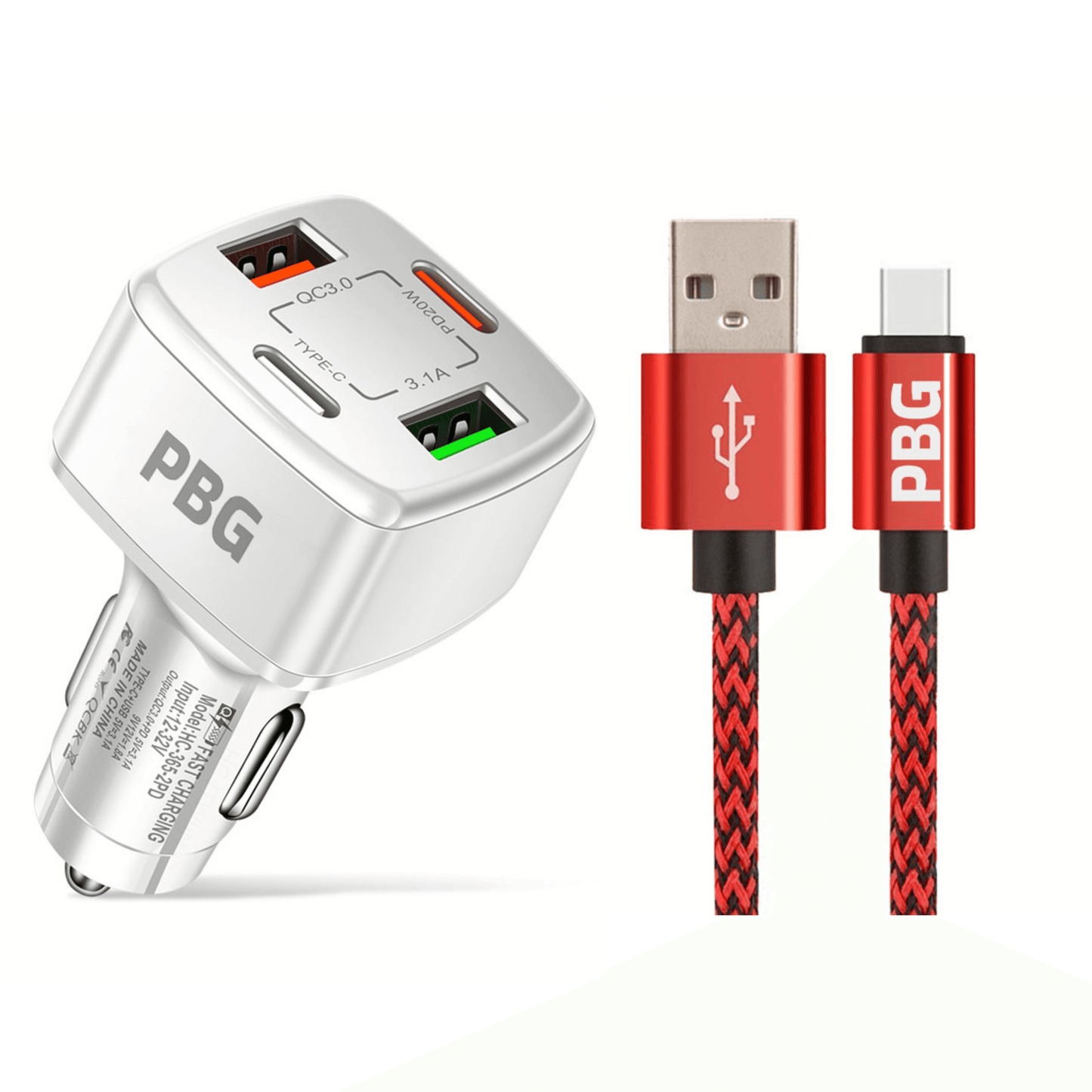 PBG White PD 4-Port Fast Car Charger with 10FT Zebra Style Wire iPhone